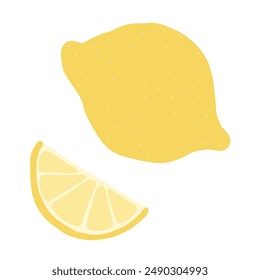 Einfache Illustration einer ganzen Zitrone und einer Zitronenscheibe auf weißem Hintergrund. Das Bild ist in strahlendem Gelb gehalten, handgezeichnet und minimalistisch gestaltet, ideal für gesunde Lebensmittel oder Zitrusfrüchte.