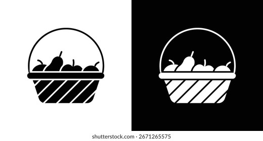 Ilustração simples de um cesto de vime cheio de maçãs e peras, isolado em fundos brancos e pretos.
