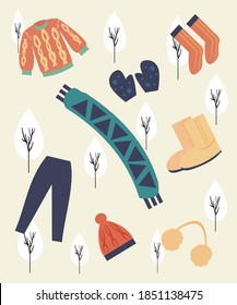 simple illustration of winter clothes cartoon, winter woman wear,  gloves, socks, hats, scarf. Fashion Vector.