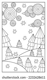 Simple illustration of winter sunny weather. Fir trees with snow, clouds and sun from swirls, black and white vector. Ideal for presenting your holiday or advertising design.