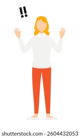 Simple illustration of a woman in a gray sweater raising her hand in surprise, Vector Illustration