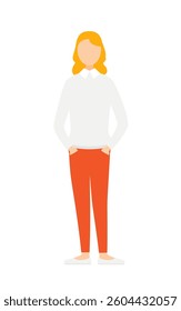 Simple illustration of a woman in a gray sweater with her hands in her pockets, Vector Illustration