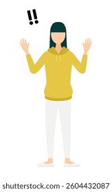 Simple illustration of a woman in a khaki-colored parka raising her hand in surprise, Vector Illustration