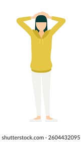 Simple illustration of a woman in a khaki-colored parka with her hands behind her head, Vector Illustration