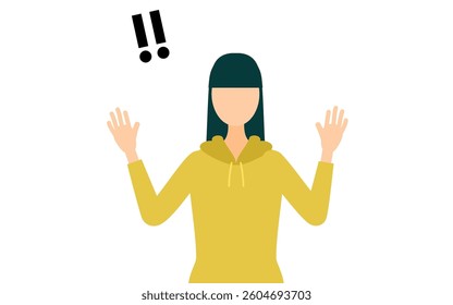 Simple illustration of a woman in a khaki-colored parka raising her hand in surprise, Vector Illustration