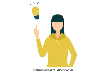 Simple illustration of a woman in a khaki-colored parka inspiring an idea, Vector Illustration