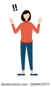 Simple illustration of a woman in a red turtleneck raising her hand in surprise, Vector Illustration