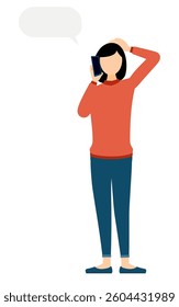 Simple illustration of a woman in a red turtleneck talking on her phone, Vector Illustration