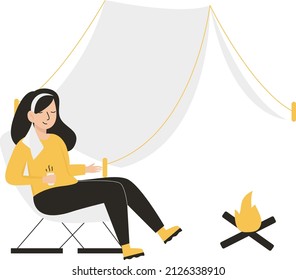 Simple illustration of a woman is relaxing in nature in a tent camp. Vector flat style illustration.