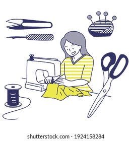 Simple illustration of a woman sewing and sewing tools