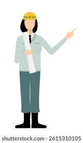 Simple illustration of a woman supervisor wearing a helmet ｔake a drawing and point to it