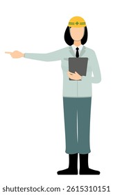 Simple illustration of a woman supervisor wearing a helmet take the clipboard and point into the distance