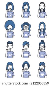 A simple illustration of a woman with various hairstyles, clenching her fists in a spirited pose.