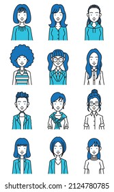 A simple illustration of a woman with various hairstyles and clothes.
