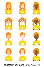 Simple illustration of a woman with various hairstyles, without outline lines.