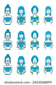 Simple illustration of a woman with various hairstyles and outfits, holding a tablet device and showing various reactions.