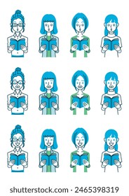 Simple illustration of a woman with various hairstyles and outfits, looking at a book and showing various reactions.