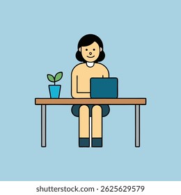 Ilustração simples de uma mulher trabalhando em seu laptop em uma mesa com uma planta pequena.