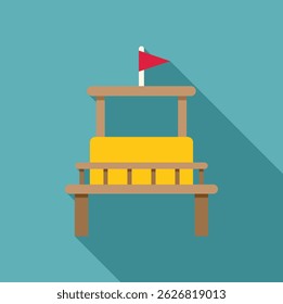 Simple illustration of wooden lifeguard tower with red flag standing on blue background