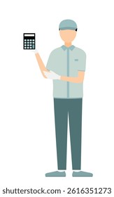 Simple illustration of a worker man in a cap showing a budget and estimate, Vector Illustration