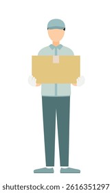 Simple illustration of a worker man in a cap holding a cardboard box, Vector Illustration