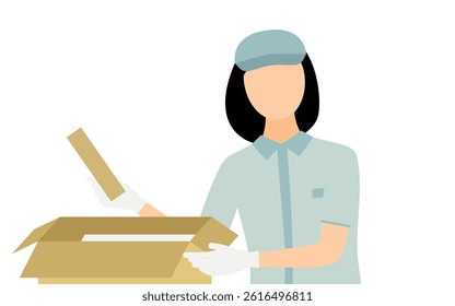 Simple illustration of a worker woman wearing a hat putting a package in a cardboard box, Vector Illustration
