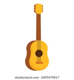 Simple illustration of a yellow acoustic guitar standing upright, strings ready to be strummed