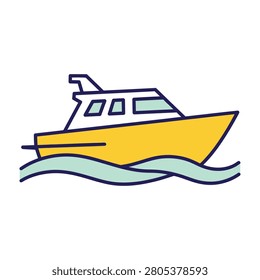 A simple illustration of a yellow boat with a white cabin sailing on wavy water