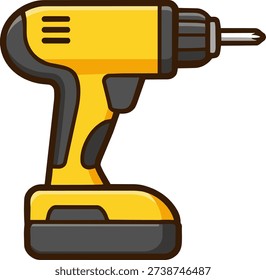 A simple illustration of a yellow cordless drill, isolated on a white background. The drill has a clear and minimalistic design, with a thick outline and clear detailing.