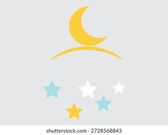 Uma ilustração simples de uma lua crescente amarela e estrelas coloridas