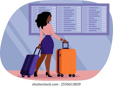 Simple illustration of a young black business lady at the airport. Stylishly dressed woman in high heels stands with suitcases near the departure board.