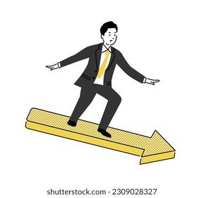 Simple illustration of a young businessperson advancing on an arrow, vector