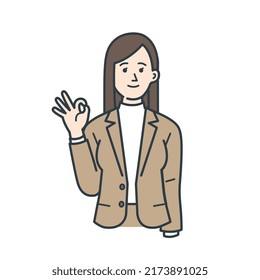 A simple illustration of a young female businessman in her twenties raising her hand and giving an OK sign