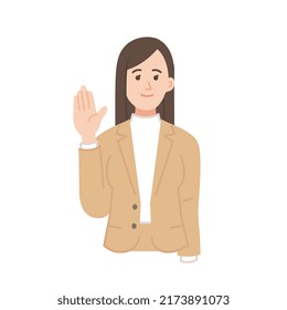 A simple illustration of a young female businessman in her twenties raising her hand and posing for consent
