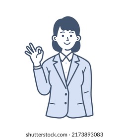 A simple illustration of a young female businessman in her twenties raising her hand and giving an OK sign