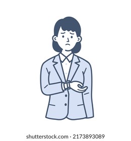 A simple illustration of a young female businessman in her twenties looking at the clock and checking the time