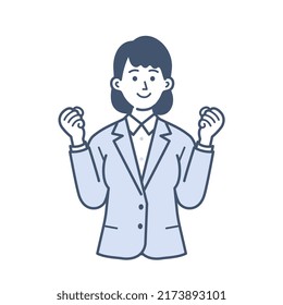A simple illustration of a young female businessman in her twenties motivated to do a guts pose