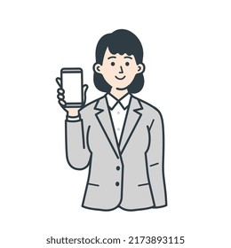 A simple illustration of a young female businessman in her twenties holding a smartphone