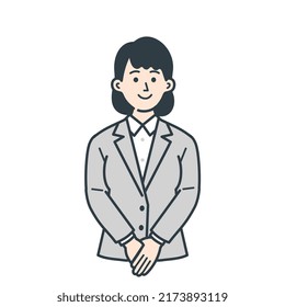 A simple illustration of a young female businessman in her twenties posing with her hands folded in front of her