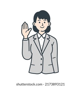 A simple illustration of a young female businessman in her twenties raising her hand and posing for consent