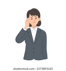 A simple illustration of a young female businessman in her twenties who puts her hand on her head and poses in trouble.