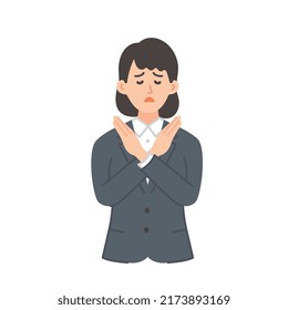 A simple illustration of a young female businessman in her twenties who crosses her hands and poses for refusal