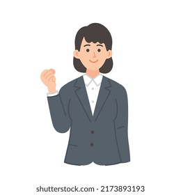 A simple illustration of a young female businessman in her twenties motivated to do a guts pose
