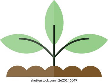 Simple illustration of a young plant with three green leaves growing from brown soil, symbolizing growth, nature, and environmental sustainability.