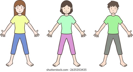Simple illustration of a young woman, a man and a middle-aged woman standing upright with their hands outstretched and barefoot