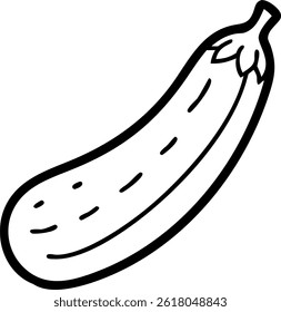 A simple illustration of a zucchini with a thick black outline and small dashes on its body, isolated.