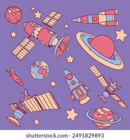 Simple illustrations about satellites, planets and rockets