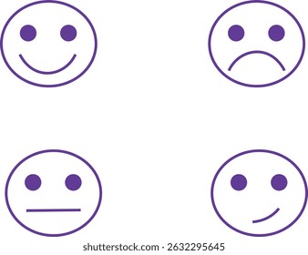 Simple illustrations of emotions. Happy, sad, and indifferent faces