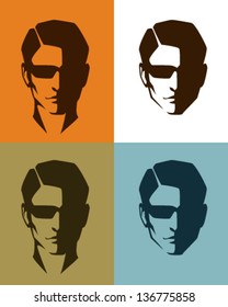 simple illustrations of a handsome man face, with sunglasses, suitable for men hair, beauty or fashion topics, as logo design or emblem. Vector eps file.