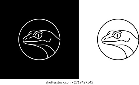 Simple illustrations of a lizard's head in circular frames on contrasting backgrounds
